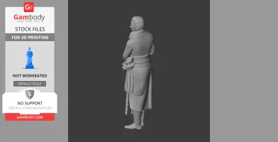 3D model of a historical warrior with a cape and detailed attire, facing sideways.