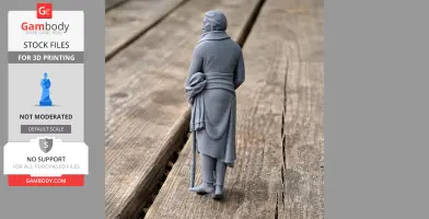 A 3D-printed model of a historical figure in a long coat holding a cane, viewed from behind.