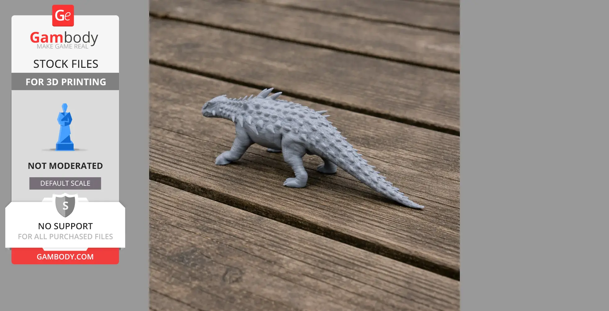 A 3D printed Polacanthus model with spiky armor, placed on a wooden surface.