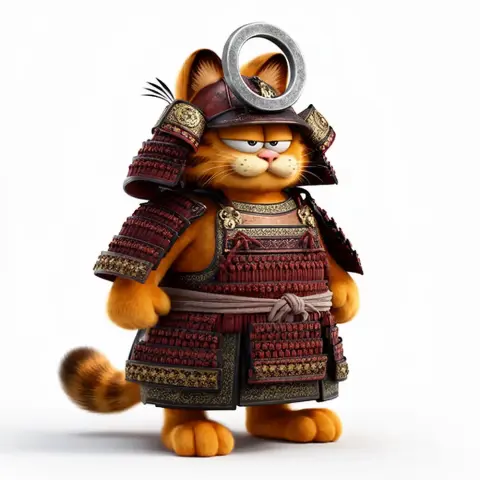Garfield in detailed samurai armor with a large ring on his helmet, standing confidently.