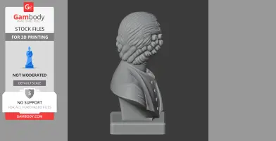 Gray-scale bust of a man in historical attire with detailed curls, side view on a pedestal.