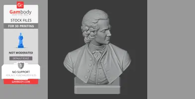 A detailed 3D bust of Jean-Jacques Rousseau, featuring period attire and intricate facial features.
