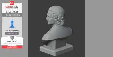 Side view of a Jean-Jacques Rousseau bust with detailed hair, on a square base, for 3D printing.