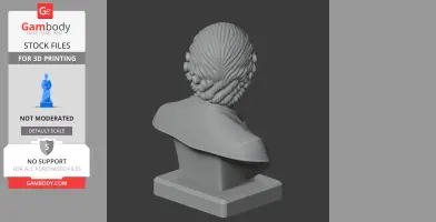 3D printed bust of a historical figure with detailed hair and clothing on a square base, viewed from the back.