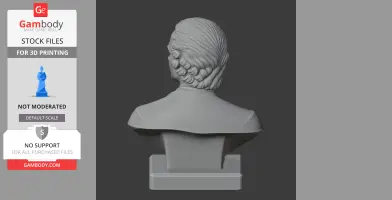 3D model of a bust with detailed curled hair, viewed from the back on a display pedestal.