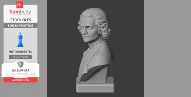 A 3D-printed bust of a historical figure with curled hair, on a rectangular base.