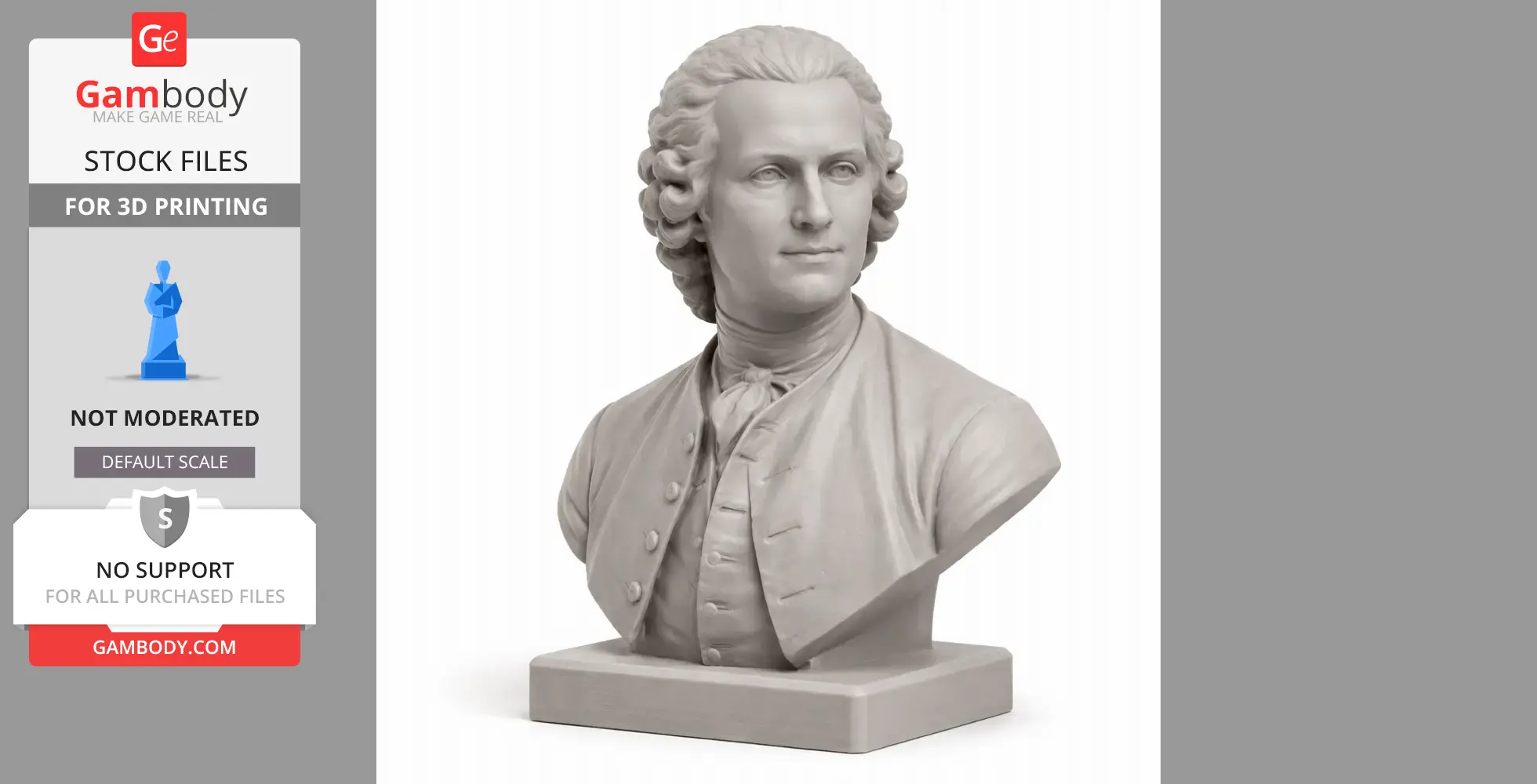 3D print-ready bust of a historical figure with curly hair, dressed in 18th-century attire.
