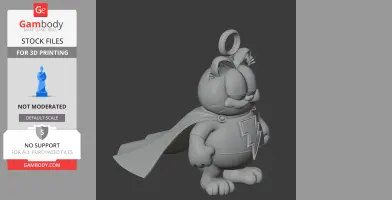 Superhero cat figure with a lightning bolt on the chest and a cape, ready for 3D printing.