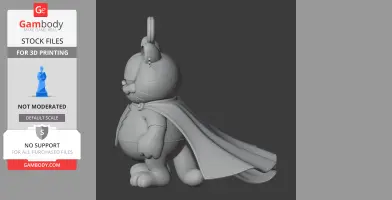Mashup figure of a cartoon cat wearing a superhero cape and suit with a ring on its head for 3D printing.