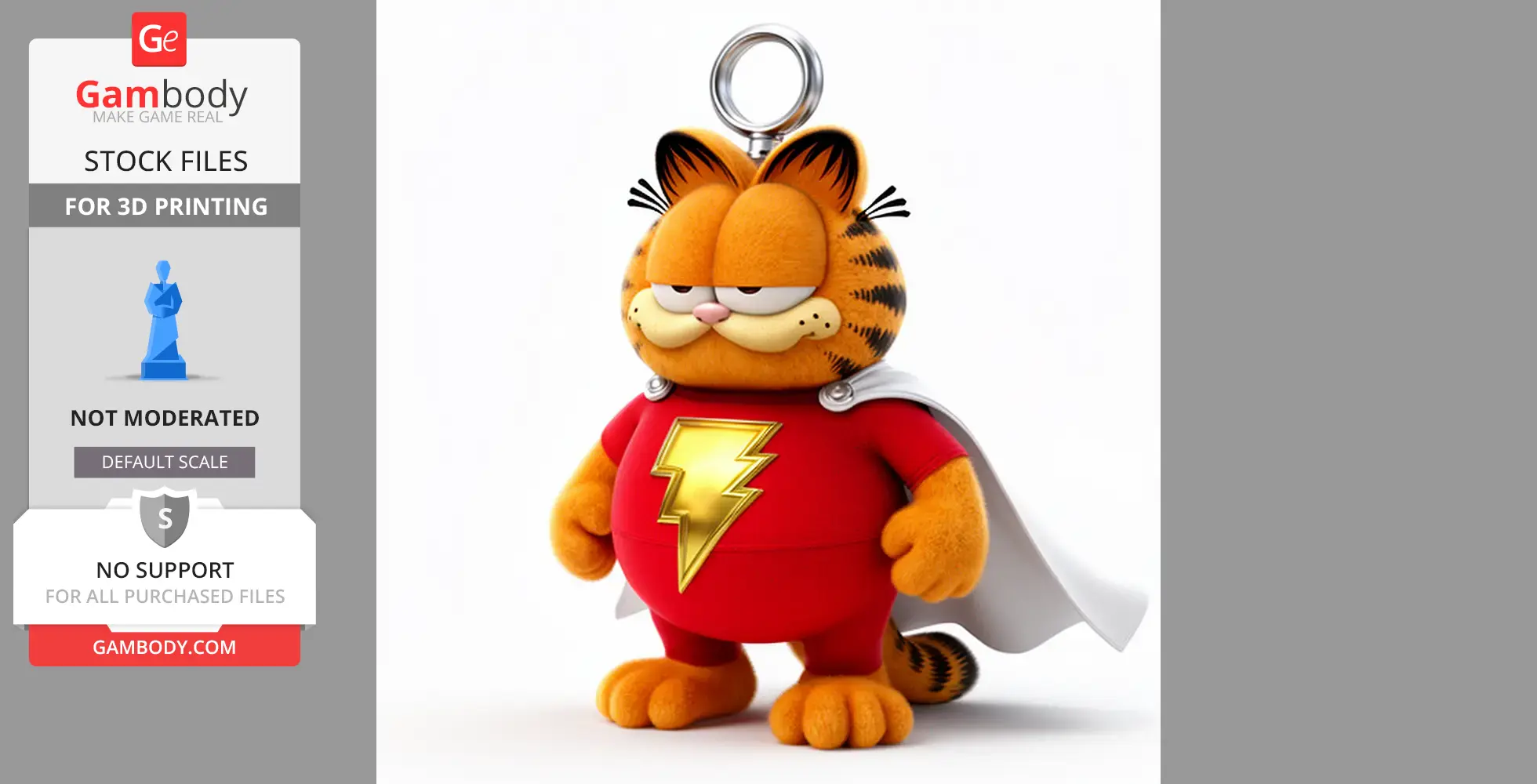 Cartoon cat in superhero costume with a lightning bolt emblem and a cape, designed for 3D printing.