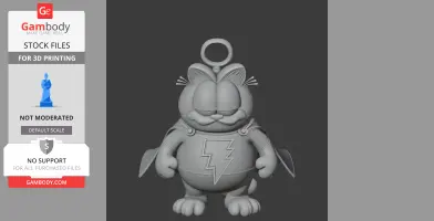 A 3D model of a cat superhero with a lightning bolt emblem and cape, designed for 3D printing.