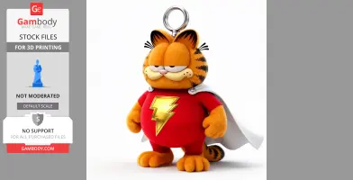 Cartoon cat in superhero costume with a lightning bolt emblem and a cape, designed for 3D printing.