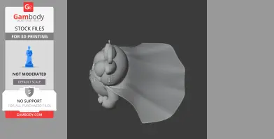 Chubby cat superhero with a ring and cape, viewed from the side, ready for 3D printing.