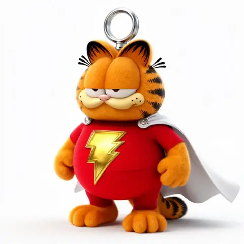 Cartoon cat in superhero outfit with a lightning bolt, cape, and ring on top.