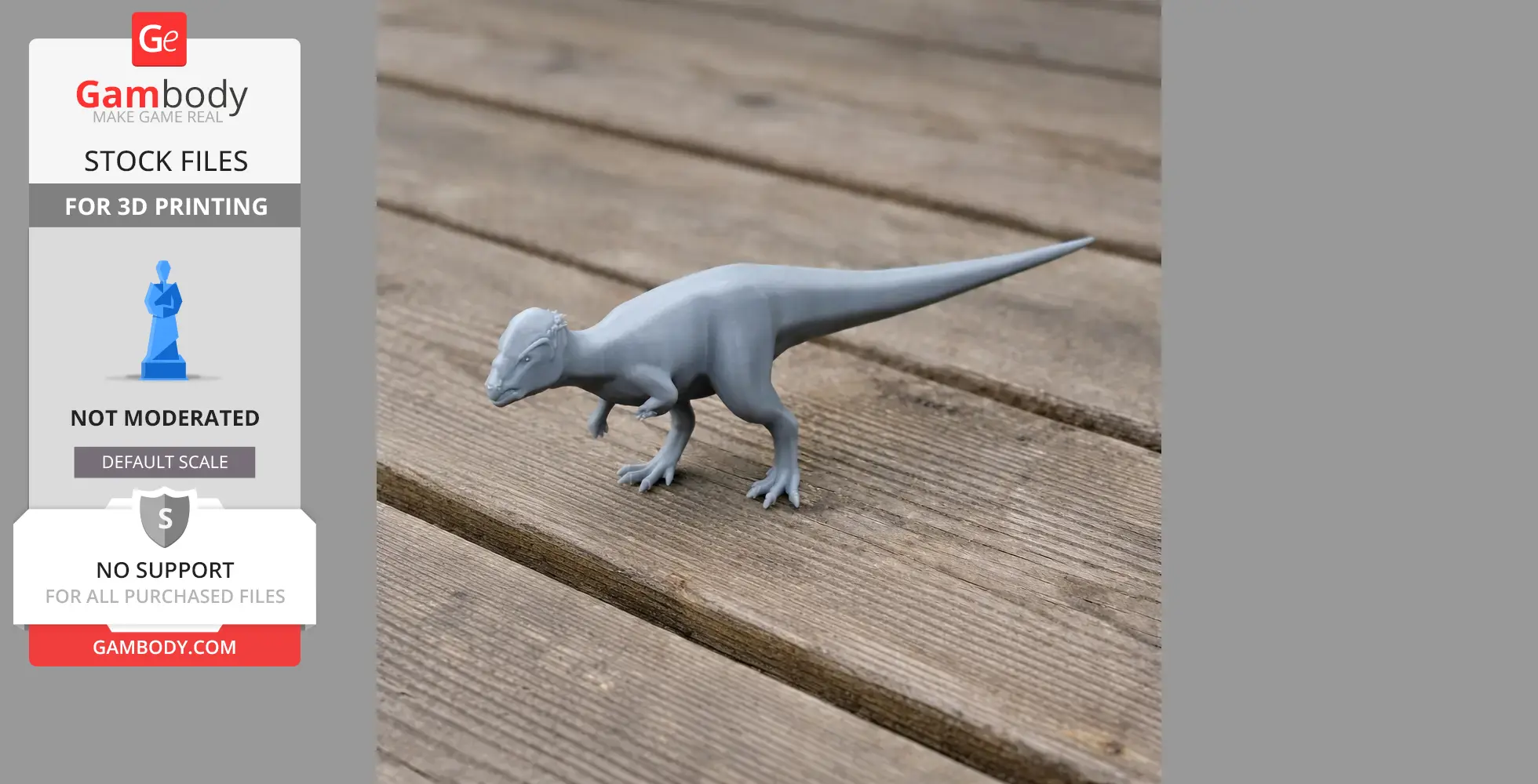 A gray 3D-printed model of a Prenocephale dinosaur standing on a wooden surface.
