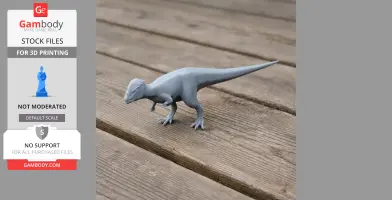 A gray 3D-printed model of a Prenocephale dinosaur standing on a wooden surface.