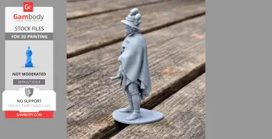 3D printed model of a Napoleonic soldier with detailed attire and unique hat on a wooden surface.