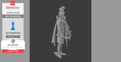 3D model of a Napoleonic soldier with a hat, cape, and saber, ready for 3D printing.