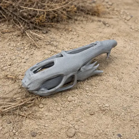 Gray 3D-printed Dimorphodon skull replica resting on sandy ground with sparse vegetation.