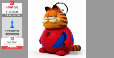 A chubby cat figure wearing a Spider-Man costume, featuring a ring at the top for hanging.