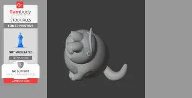 A 3D model of a round cat figure holding a rope, with cat ears and a tail, designed for 3D printing.