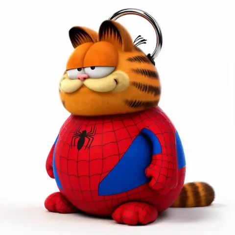 Garfield in a Spider-Man suit, with a ring on his head, mashup figure for 3D printing.