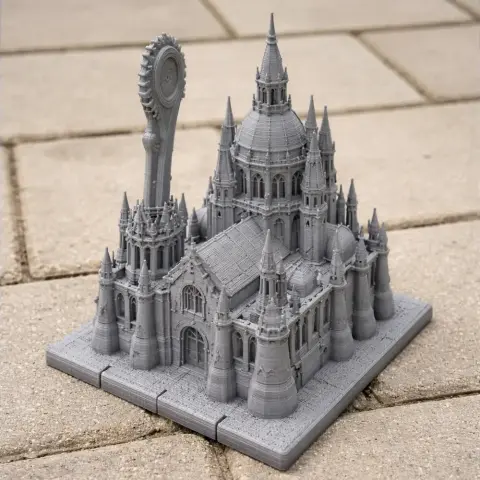 Detailed 3D printed model of a Gothic-style cathedral with intricate spires and arches.