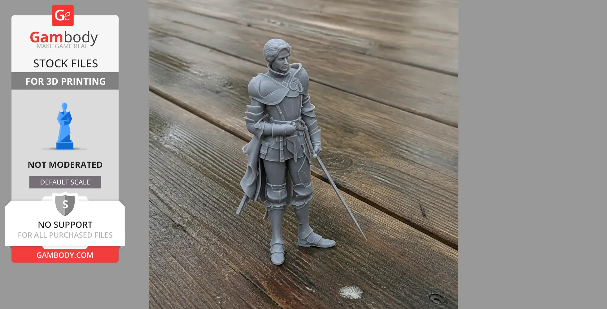 Joan of Arc 3D printed model in armor, standing on wooden surface with a sword and detailed armor.