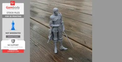 Joan of Arc 3D printed model in armor, standing on wooden surface with a sword and detailed armor.