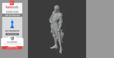 A 3D model of a knight in armor holding a sword, standing in a relaxed pose.