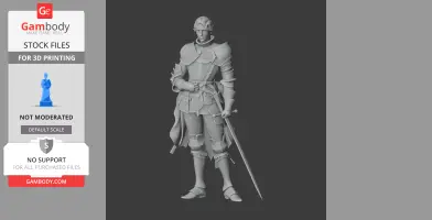 3D model of a knight in detailed armor, holding a sword, suitable for 3D printing.