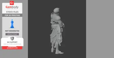 A detailed 3D model of a knight in armor, standing with a cloak and sword on their back.