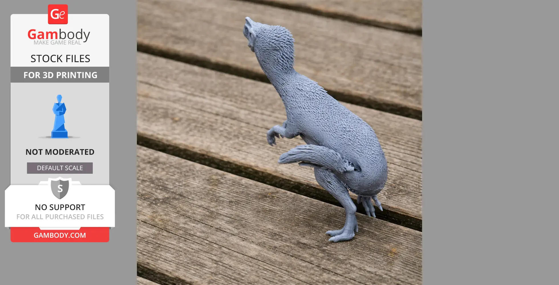 A detailed 3D-printed Proceratosaurus model on a wooden surface.