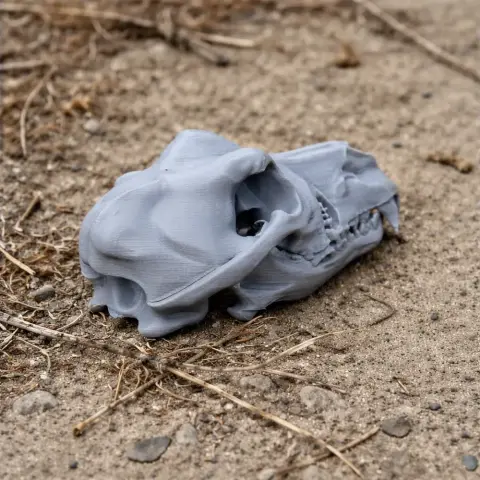 3D-printed dingo skull replica lying on a rough, sandy surface with some dry grass.