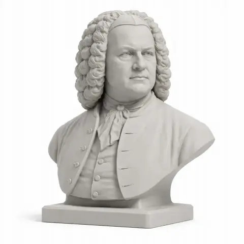 Bust of Johann Sebastian Bach with detailed attire and curly hair, designed for 3D printing.