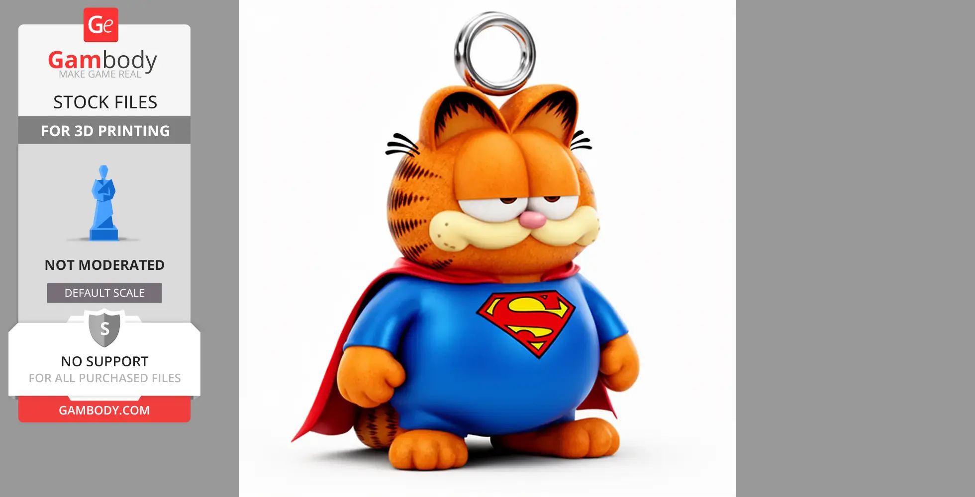 Garfield in a Superman costume, wearing a cape, with a loop on top for a ring or keychain.