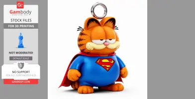 Garfield in a Superman costume, wearing a cape, with a loop on top for a ring or keychain.