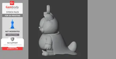 Cartoon cat figure with a cape and ring on top, designed for 3D printing.