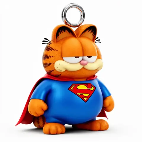 Garfield dressed as Superman, wearing a blue suit and red cape with a ring on top.