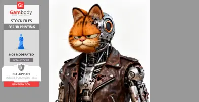 Garfield with a cyborg body in a leather jacket, resembling a mashup of a cat and a futuristic robot.