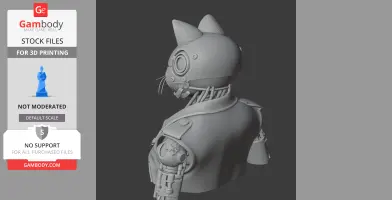 A 3D model mashup of a cat character with robotic features, wearing a high-collar coat.