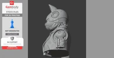 A 3D model of a robotic cat with mechanical features and visible gear details on a side profile.