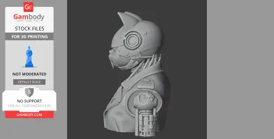 Futuristic cat-like humanoid figure with mechanical features and robotic arm, wearing a jacket.