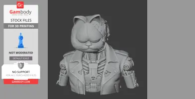 A robotic cat figure with a mix of Garfield's head and a T-800 Terminator body in a leather jacket.