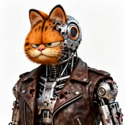 A cyborg cat figure with Garfield's head and a robotic body wearing a weathered leather jacket.