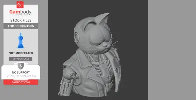 Cyborg cat bust with a robotic body and leather jacket, combining feline and sci-fi elements.