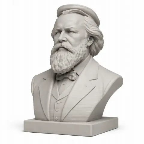Bust of a bearded man in classical attire with a beret, detailed facial features, on a rectangular base.