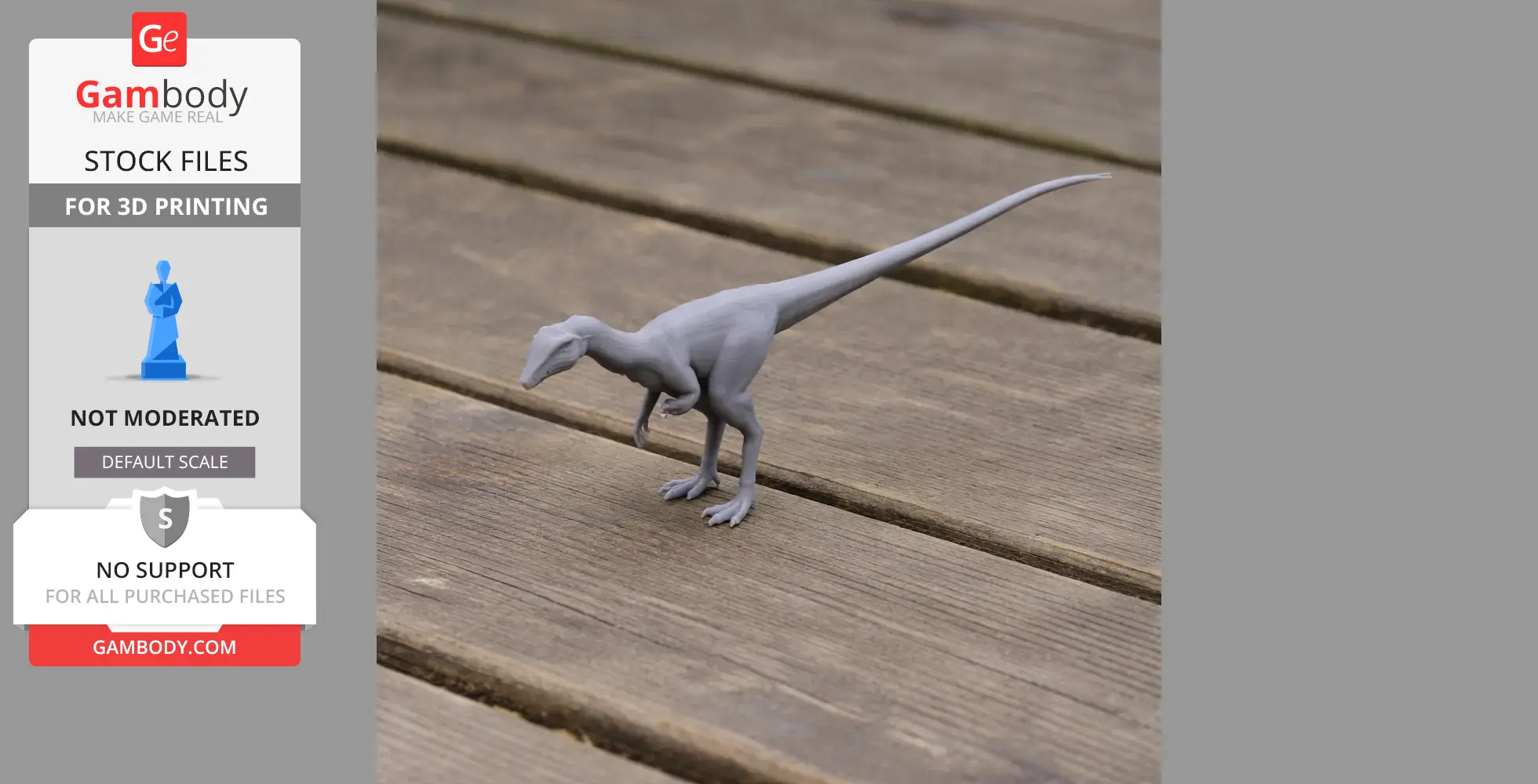 A small, gray 3D printed Procompsognathus model stands on a wooden surface.