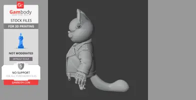 Cartoon cat in a jacket with a cybernetic arm, side profile, ready for 3D printing.