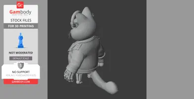 A 3D model of a cat with tech enhancements, in a jacket and headset, viewed from the back.
